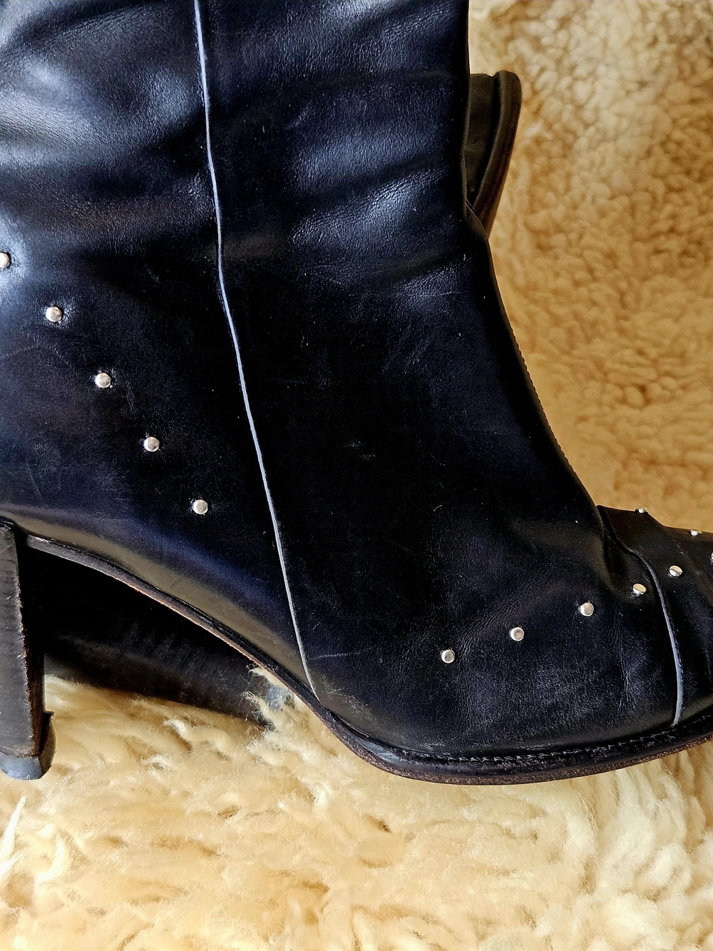 Donald J. Pliner Black Leather Studded Heeled Boots with Red Lining 6.5-7 - Picture 9 of 10